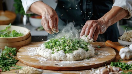 One person is kneading a large ball of dough for dumplings on one counter, while another is finely chopping green onions and garlic on another