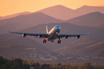 An aircraft descends toward the runway with mountains in the background. The sky shows colors of sunset and the area is quiet