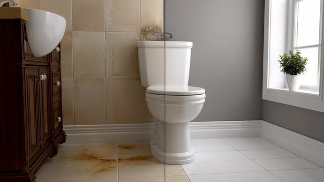 A bathroom with a toilet and a sink. The toilet is dirty and has a brown stain on it. The sink is clean and has a white bowl. The bathroom has a modern design with a white tile floor and a gray wall