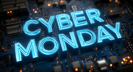 Glowing Cyber Monday text on a blue circuit board background, representing online shopping sales and digital marketing for holiday promotions.