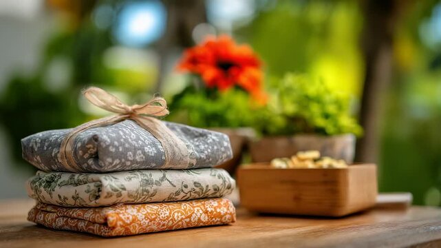 Stacked textile gifts tied with rustic twine next to a wooden bowl and blurred flowers