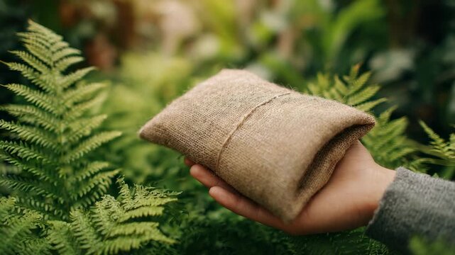 Hand holding a small burlap wrapped package surrounded by lush green ferns and foliage