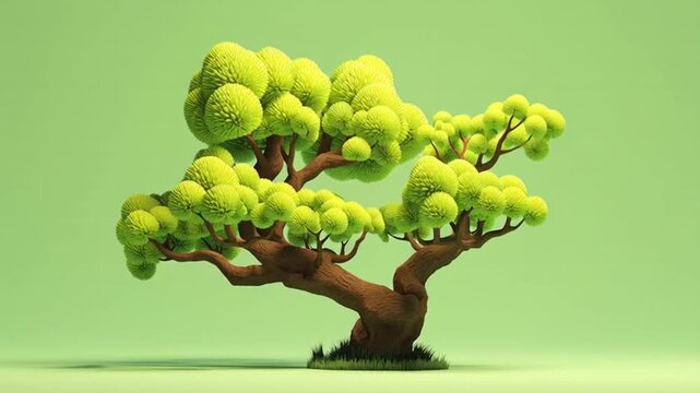 Whimsical cartoon tree with vibrant green fluffy foliage on a soft green background