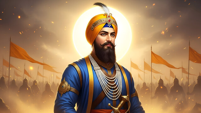 Guru gobind singh jayanti concept illustration depicting sikh spiritual warrior leader with halo courage faith devotion strength wisdom heritage culture history inspiration identity unity and timeless