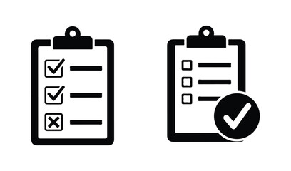 Set of clipboard icons with checklist markings, success checkmarks and failure cross marks for business task management