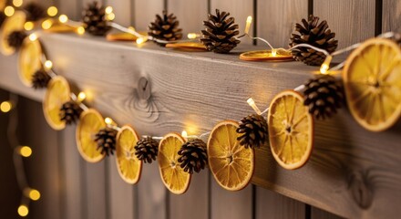 Warmly lit string of dried orange slices, pinecones, and fairy lights on a rustic wooden railing for a cozy new year celebration ambiance.