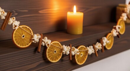 Close-up of a festive new year celebration decoration with dried orange slices, cinnamon sticks, and white flowers on a wooden shelf with a lit candle, conveying a warm and cozy mood.