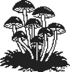 Obraz premium pixel art mushroom cluster in monochrome retro black and white fungi group with grass base, minimalist digital illustration