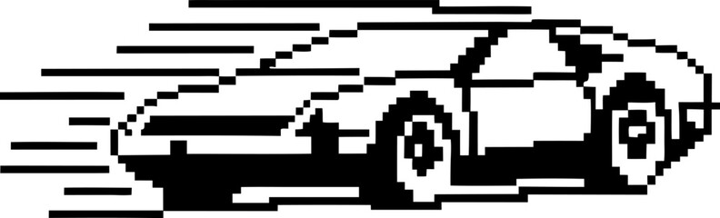 Fototapeta premium Pixel sports car racing fast, retro 8 bit minimal icon monochrome vintage vehicle silhouette with motion speed lines