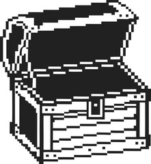 Fototapeta premium Open pixel treasure chest icon retro 8 bit game loot box symbol with raised lid, vintage monochrome digital art illustration