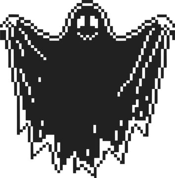 pixel ghost silhouette with smiling face and tattered sheet retro 8 bit spooky spirit icon for halloween game design