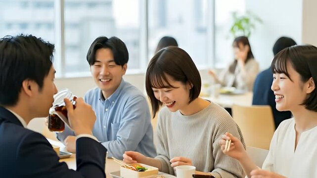 笑顔あふれる交流、同僚と笑顔で食事をする若手社員たち