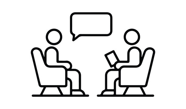 Outline icon of two people sitting in chairs having a conversation, concept of job interview, counseling or therapy