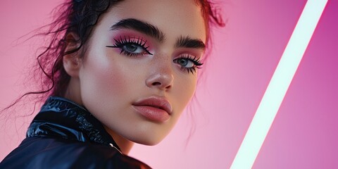 Young woman with experimental glam makeup and mismatched eyes in neon lighting - Concept of Glitchy glam  