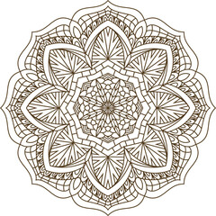 Black and white mandala illustration with bold symmetrical floral geometry.