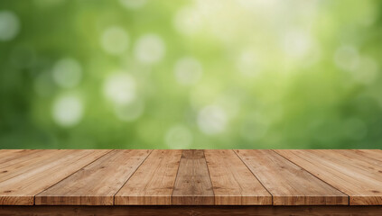 Product placement on a rustic wooden table with natural wood grain texture, set against a soft green bokeh backdrop