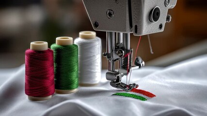 A sewing machine is in front of three spools of thread. The spools are of different colors, and the machine is in the process of sewing a piece of fabric. Concept of creativity and craftsmanship
