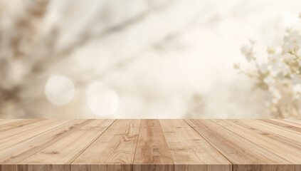 Wooden table top with a blurred background, providing a perfect platform for displaying stylish products