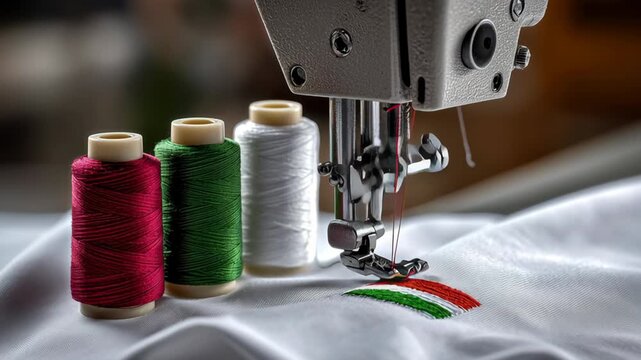 A sewing machine is in front of three spools of thread. The spools are of different colors, and the machine is ready to sew