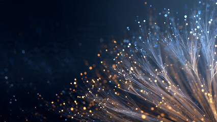 Abstract glowing particles and light trails in a dark background, futuristic digital art, widescreen