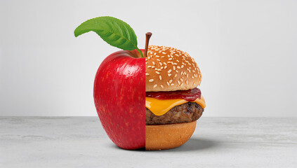 A vibrant apple cut in half with a burger, symbolizing the unexpected marriage of healthy and junk food