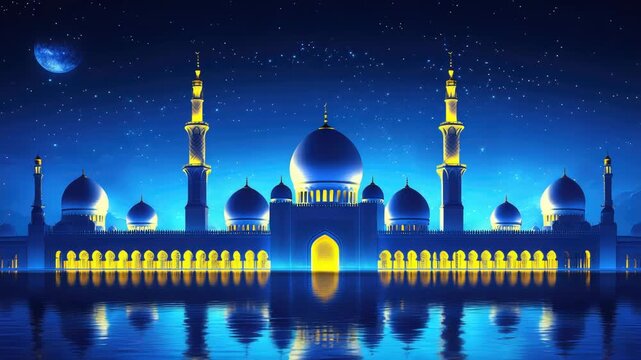 A large beautiful mosque against the backdrop of the night sky, a crescent moon. Islamic background and symbolism.Eid ul fitr, Ramadan Kareem,Eid al Adha, Eid Mubarak, Ashura. Banner. Copy space