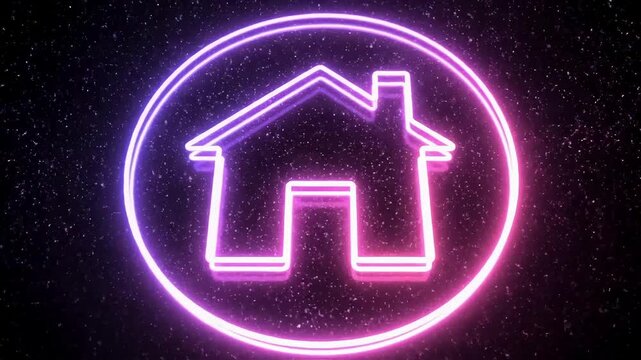 Glowing neon house icon in a circle symbolizes a futuristic home or website main navigation button