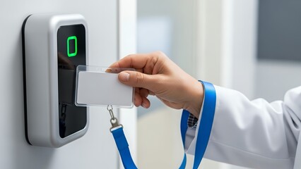 Hand holds ID badge near biometric scanner with green light indicator