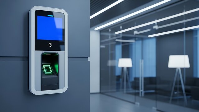 Biometric fingerprint reader on wall in modern office setting