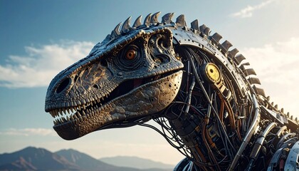 A highly detailed robotic velociraptor dinosaur with yellow and black metallic components, wires, gears, and sharp teeth in a jungle setting.