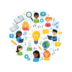 Diverse group of students engaged in collaborative learning with symbols of education and science