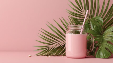 Pink smoothie in a mason jar with palm leaves, against a pastel pink background