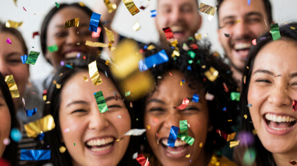 Joyful Group Celebration with Colorful Confetti and Smiling Faces in a Bright, Festive Atmosphere Captured Up Close