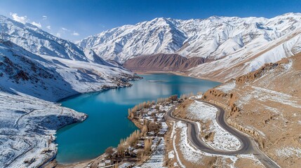Aerial view of a turquoise lake, winding road, and snow-capped mountains under a clear sky