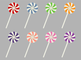 Colorful swirl lollipop vector set. Sweet round hard candy icons for confectionery branding, birthday party invitations, Halloween designs, sweet shop logos, and dessert menus