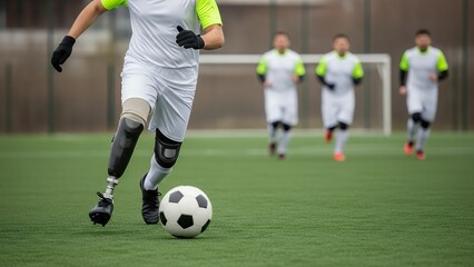 Fototapeta premium Disability sport soccer player with prosthetic leg kicking ball on field