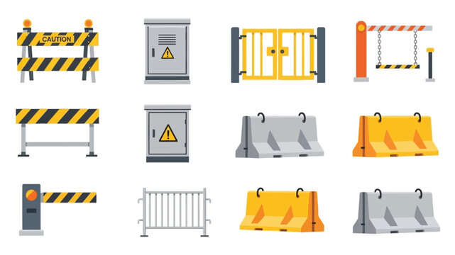 Collection of construction barriers safety equipment and road work signage icons