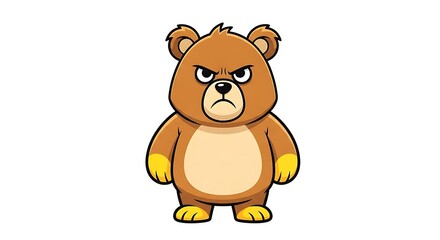 Obraz premium Angry Brown Bear Cartoon Character with Frowning Expression and Yellow Paws.