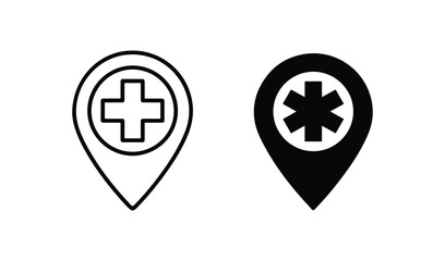 Obraz premium Medical location map pin icons with cross and star of life symbols for hospital and healthcare tracking.