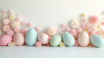 Decorated pastel Easter eggs with floral designs surrounded by soft pink and white flowers on a white background, concept of spring