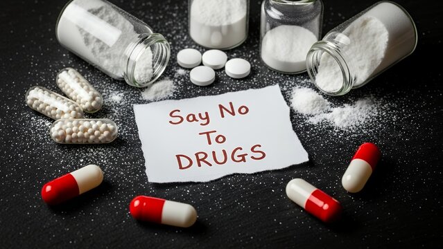 Say no to drugs message with capsules and powder on dark surface