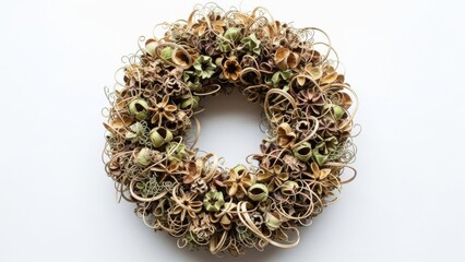 WREATH OF DRY CURLED BOTANICAL ELEMENTS, RICH LAYERED TEXTURE ON WHITE