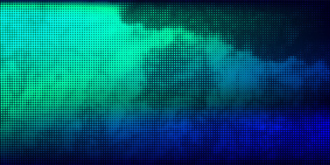 halftone with blue-green gradation, abstract background pattern, neon light reflecting walls and floors, dark colors, and feel the speed of digital technology connected with blue-green background.