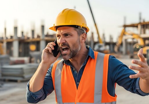 Angry Construction Foreman Yelling on Phone at Construction Site.