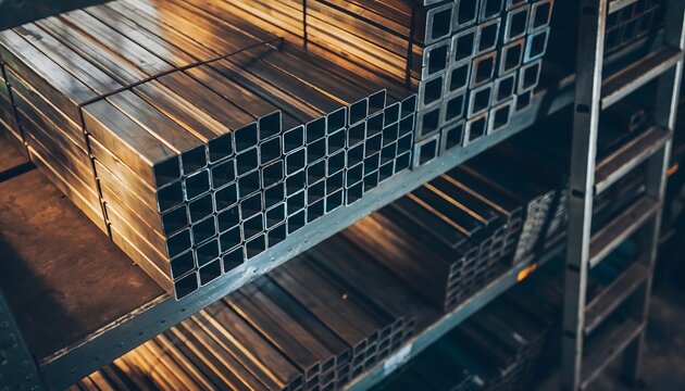 Neatly organized stacks of various metal profiles, including square tubes and rectangular bars, awaiting use in a bustling industrial warehouse