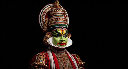Kathakali Dancer Three Quarter View Portrait, Indian Traditional Theatre Costume