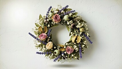 WREATH OF DRY FLOWERS WITH DEEP FADED TEXTURE ON WHITE