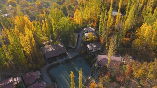 Aerial view of houses nestled among trees exhibiting vibrant autumn colors, creating a picturesque landscape, Karimabad, Gilgit Baltistan, Pakistan.