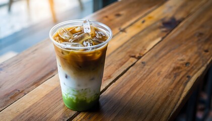 Refreshing layered iced coffee matcha latte in a clear cup on a rustic wooden table in a cafe setting