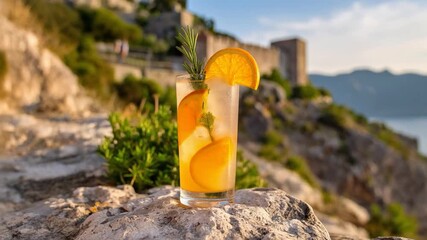 A refreshing Mediterranean style holiday drink with citrus slices served outdoors by the coast, capturing a relaxed summer vacation atmosphere.